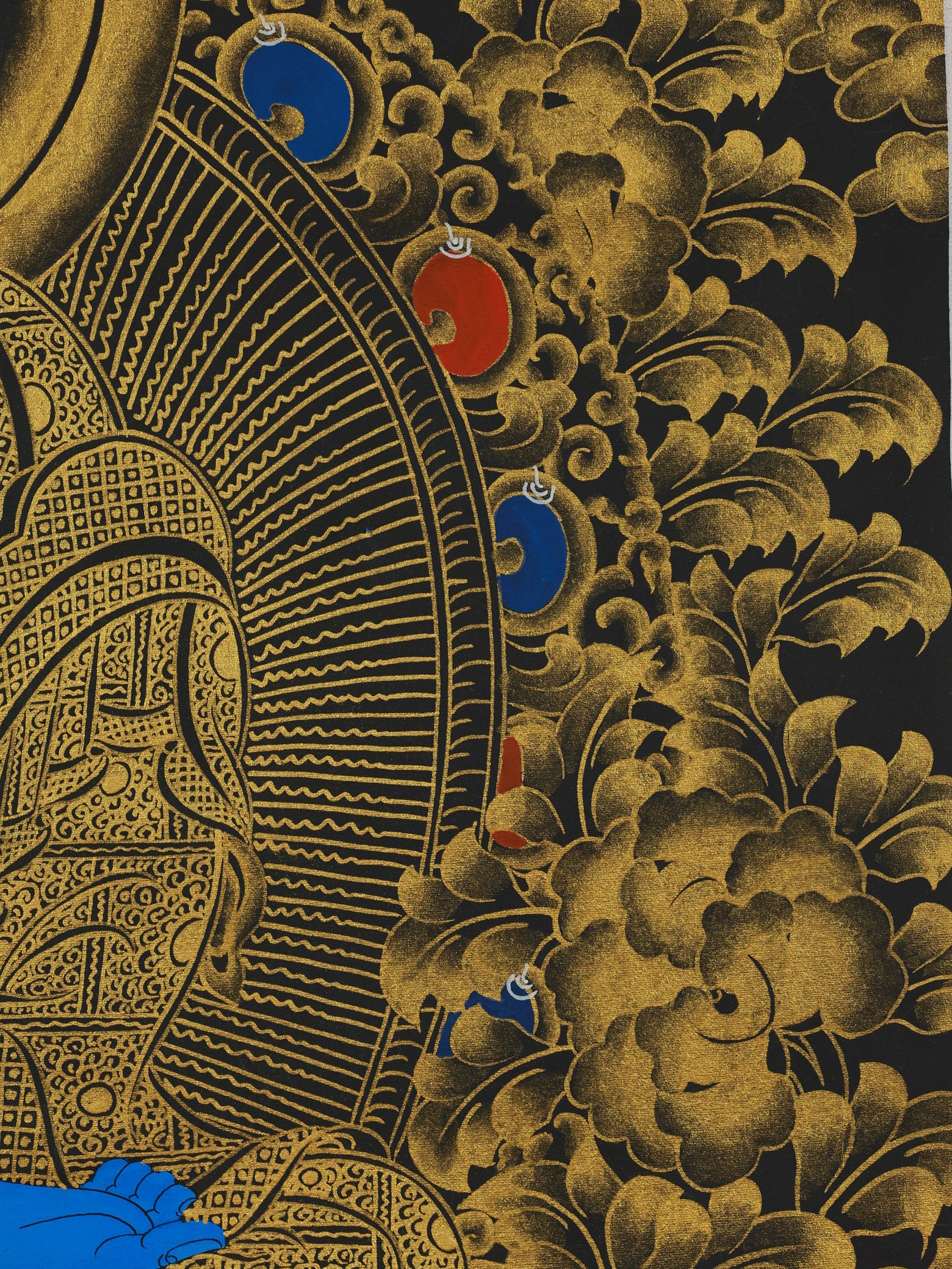 Pure Land thangka depicting Medicine Buddha's Eastern Lapis Lazuli Realm, a Buddha-field where all environmental elements contribute to healing and enlightenment.