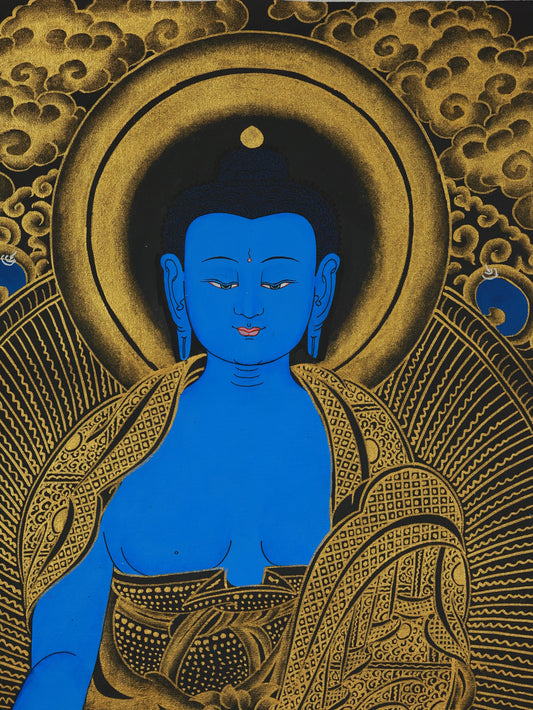  Detailed depiction of Medicine Buddha performing the healing mudra while holding a medicinal bowl, representing the Buddhist path to overcoming physical and spiritual suffering.