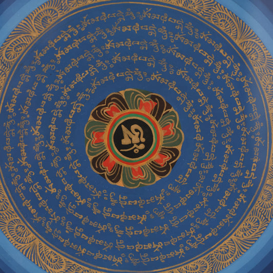 ibetan Buddhist Six-Syllable Mantra "Om Mani Padme Hum" Mandala Thangka, displaying the complete visual system of sacred geometry and the compassionate path of Avalokiteshvara (Chenrezig).