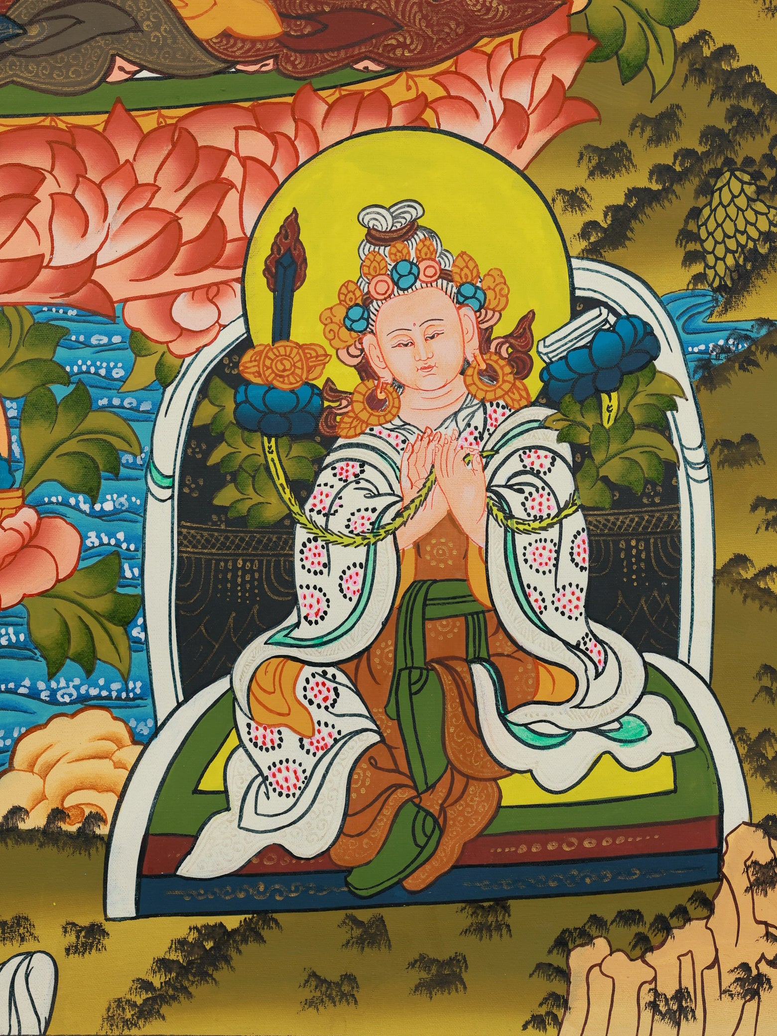 Padmasambhava thangka artwork showing the Lotus Born Master seated on a blooming lotus, a symbol of purity and awakening.
