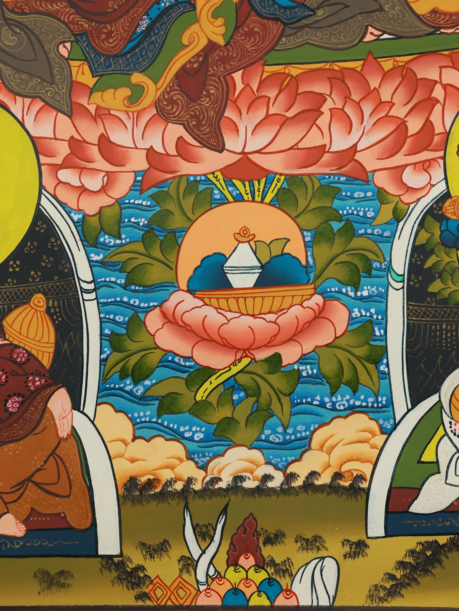 Spiritual awakening themed Tibetan thangka portraying Guru Rinpoche, the master who dispels obstacles and ignorance.