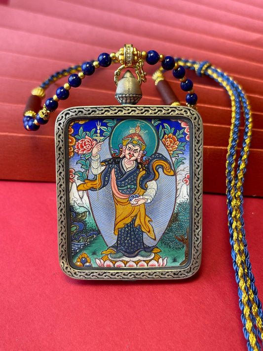  Hand-painted Tibet Padmasambhava (莲花生大师) Standing Thangka pendant 3.5x4.5cm with copper casing featuring Guru Rinpoche, representing subdue obstacles and Dharma protector in Buddhist tradition.

