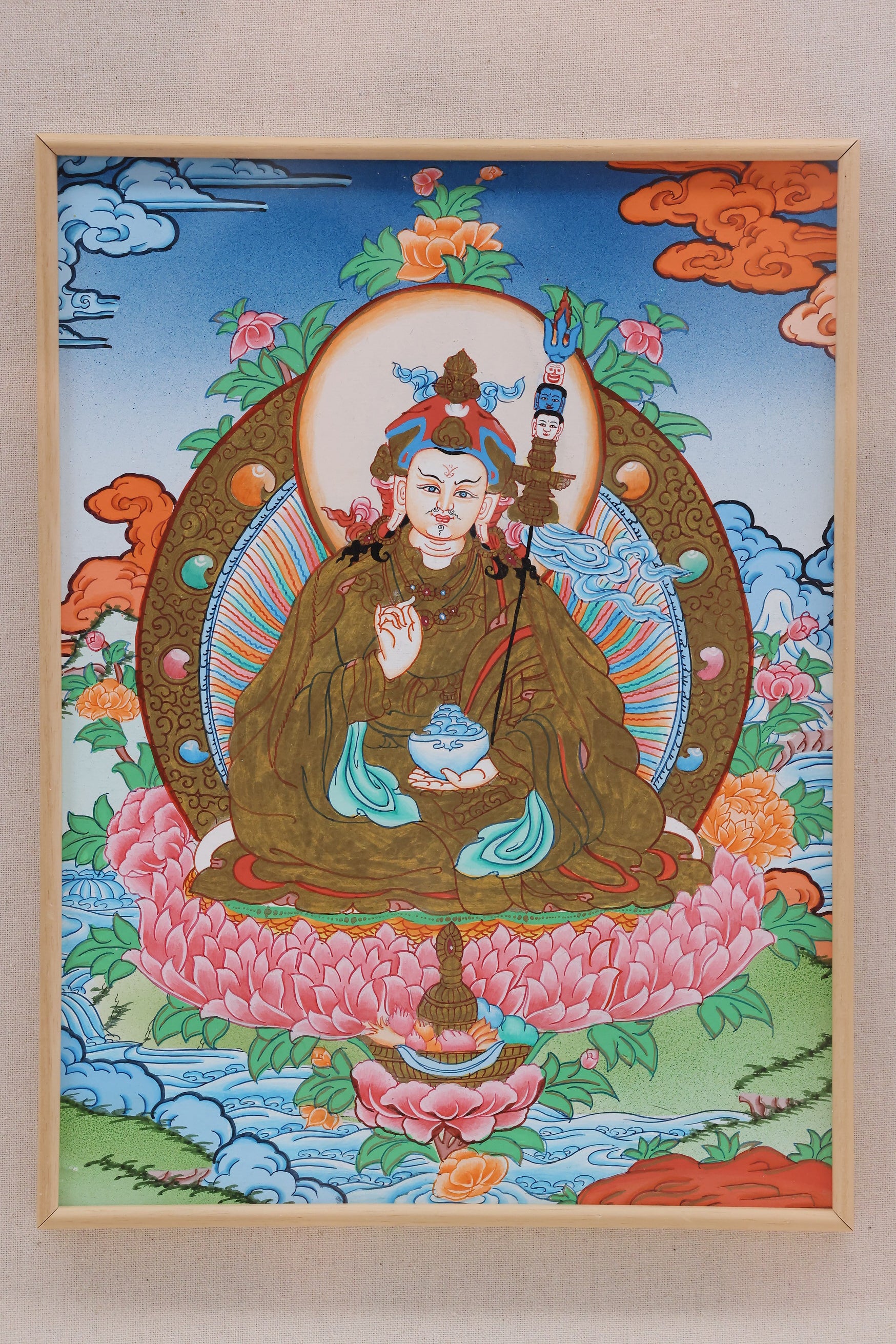 Spiritual Padmasambhava thangka painting, Tibetan Buddhist artwork symbolizing enlightenment and inner power