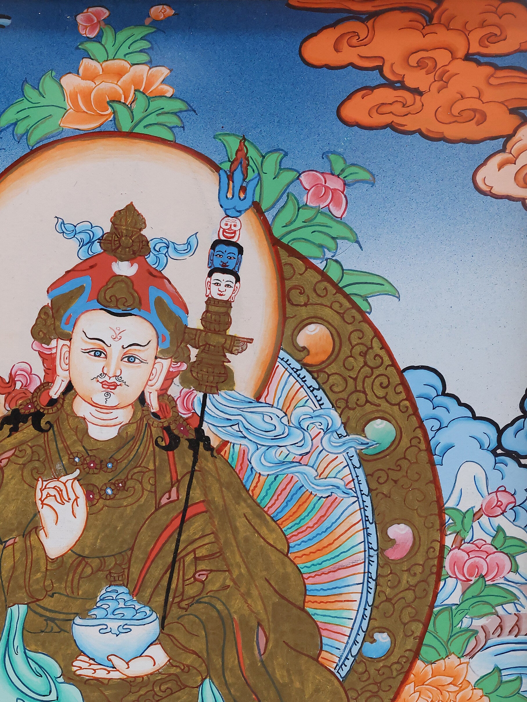 Padmasambhava protector deity thangka in Tibetan Buddhism, sacred colored artwork for obstacle removal