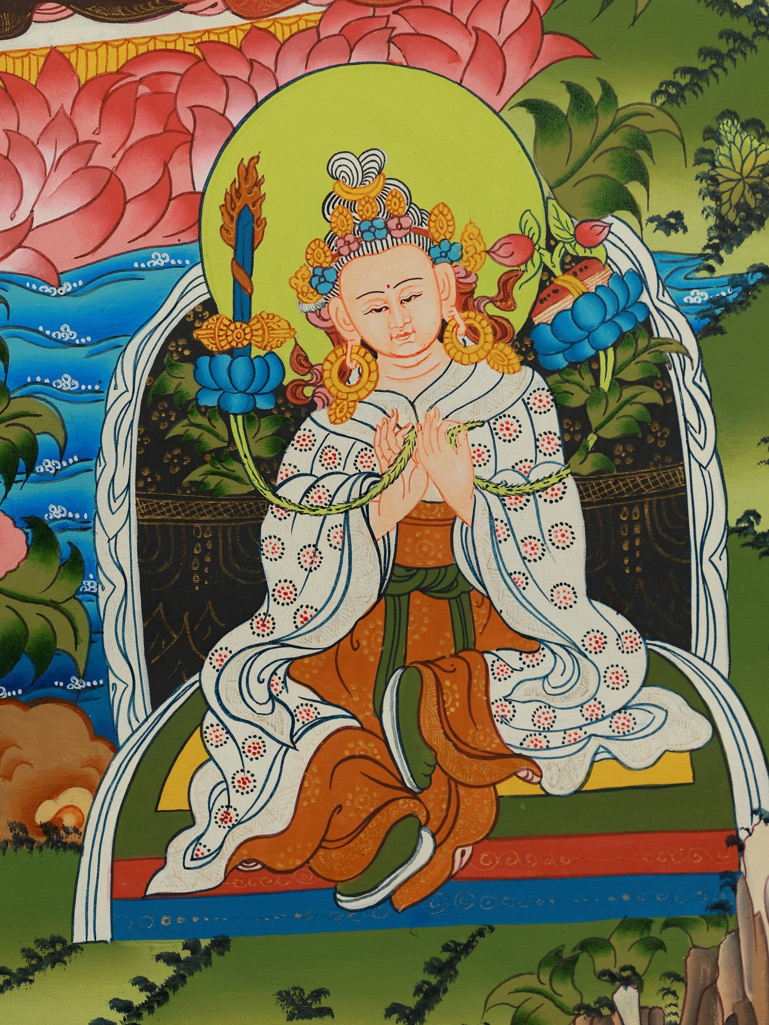 Padmasambhava with rainbow body manifestation, mystical Tibetan Buddhist thangka art.