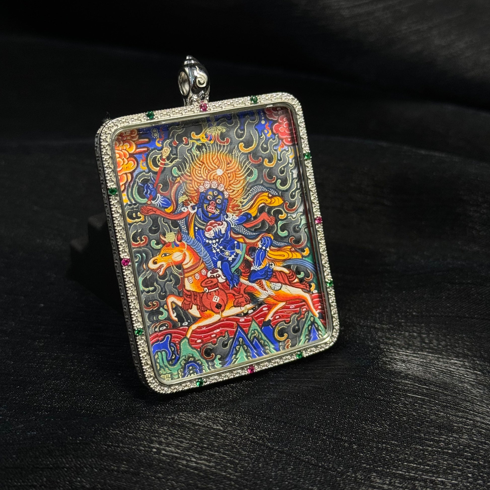  Close-up detail of the Rekong Palden Lhamo Thangka painting showing natural mineral pigments and gold, showcasing Rekong school artistry.