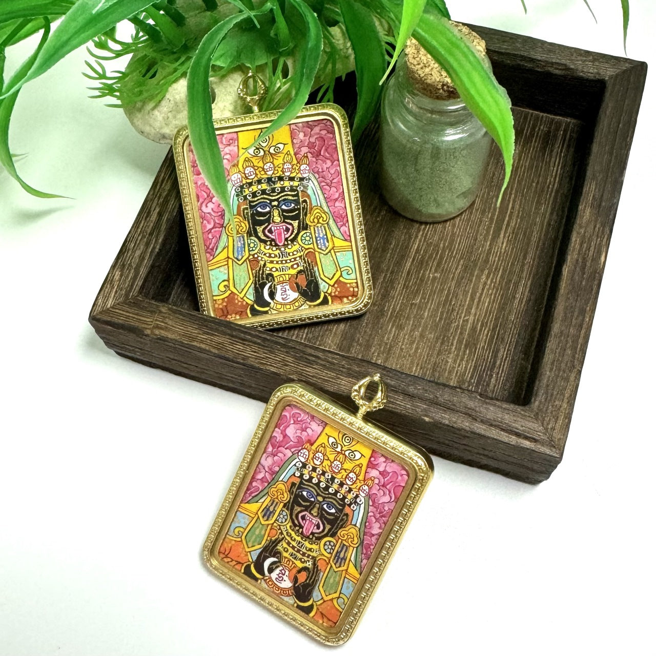  Hand-painted Nepal Pink Zhagilamu Thangka pendant featuring the Tibetan female wealth deity, encased in jewelry copper alloy, representing fortune and wishes fulfilled in Tibetan Buddhist tradition.
