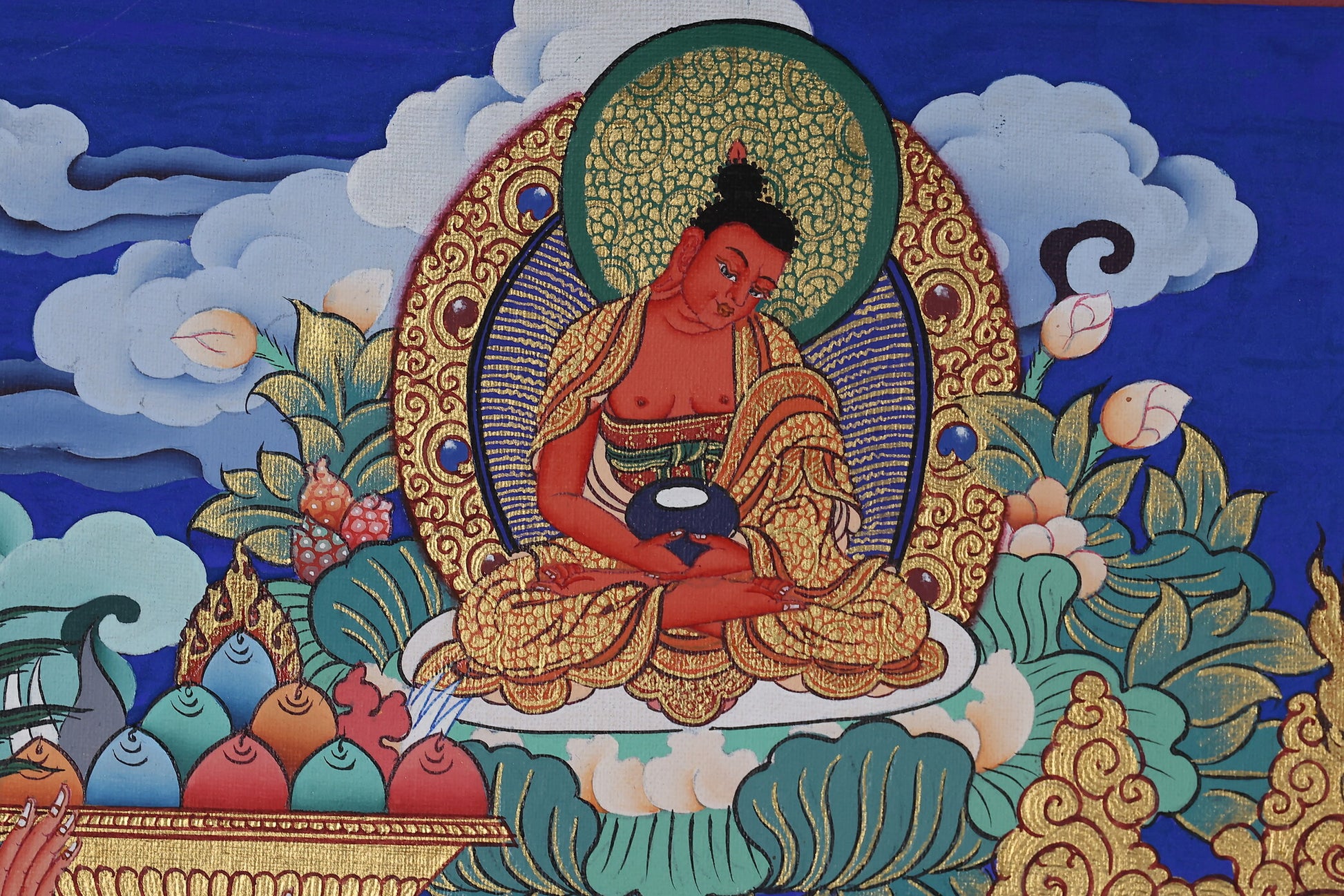 tibetan-buddhist-culture Zan Shin protector king thangka artwork showing traditional Tibetan wealth deity with golden throne and cloud spirits.jpg