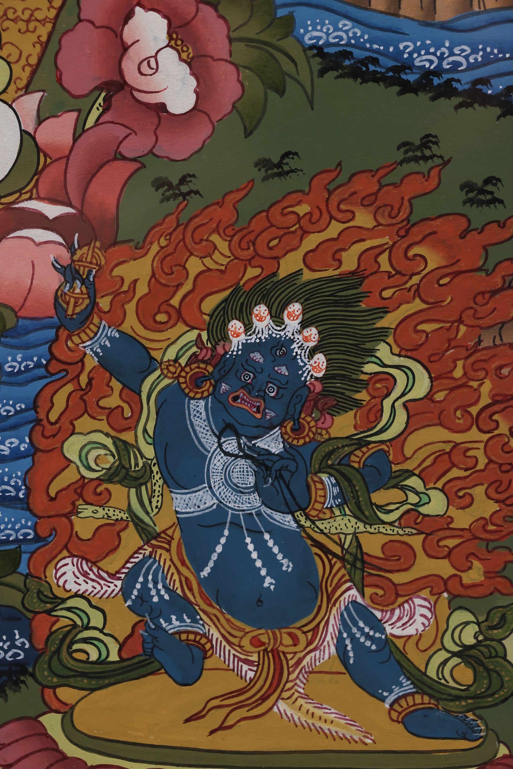 Spiritual Tibetan Thangka depicting Avalokiteshvara with Thousand Hands, a guardian of devotees.