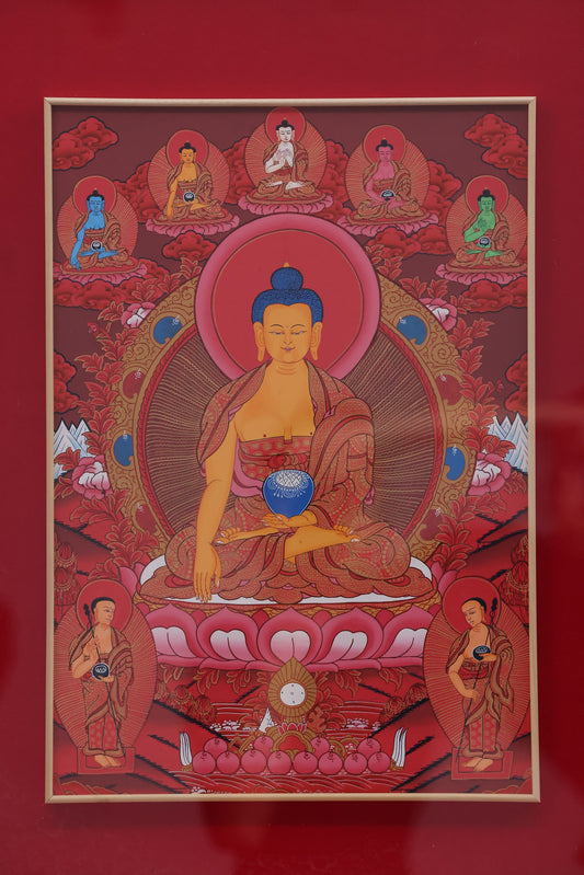 Red Shakyamuni Buddha seated on a lotus throne, hand-painted in intricate Tibetan thangka style.