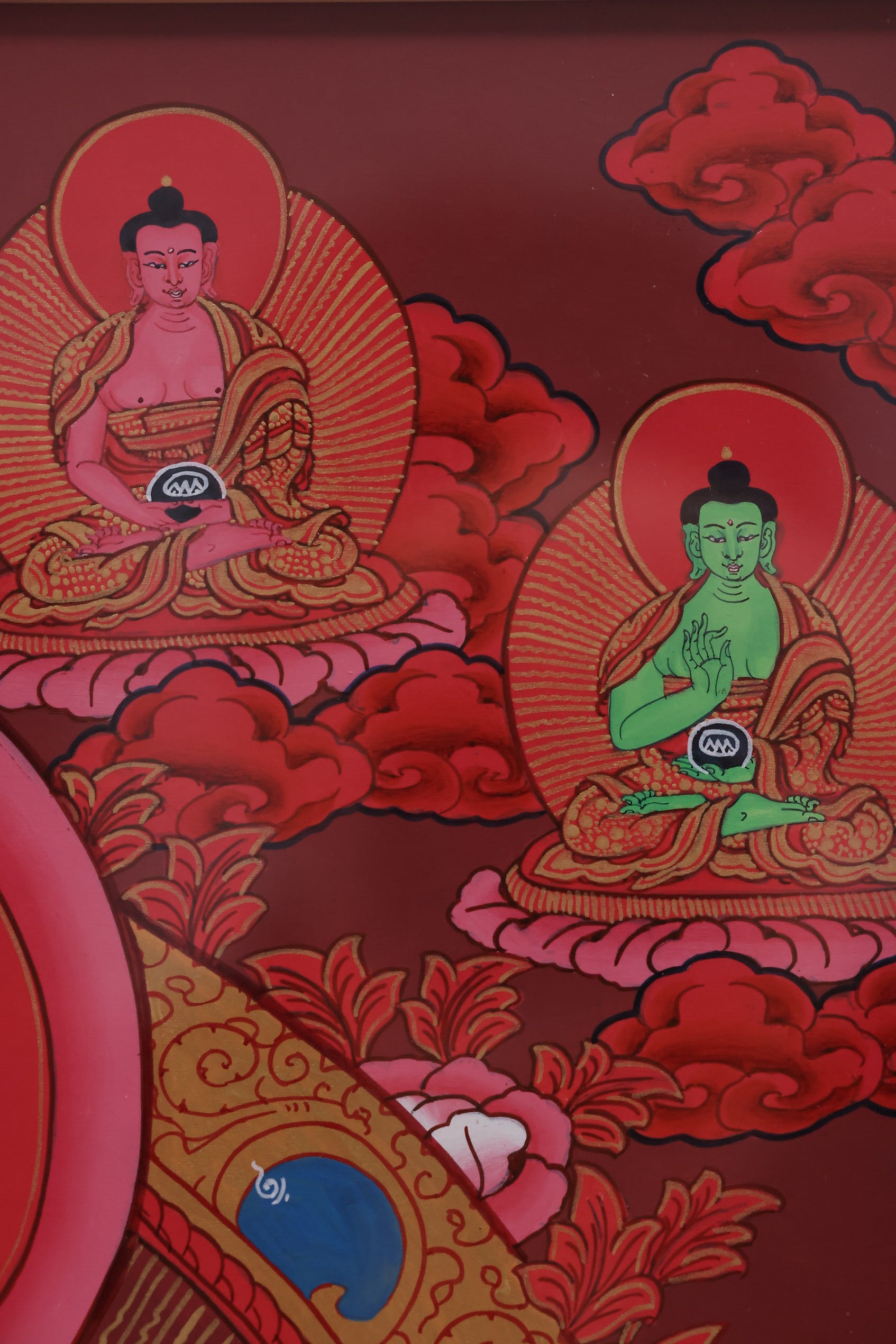 Red Shakyamuni Buddha depicted in a nirvana scene, representing ultimate liberation and peace.