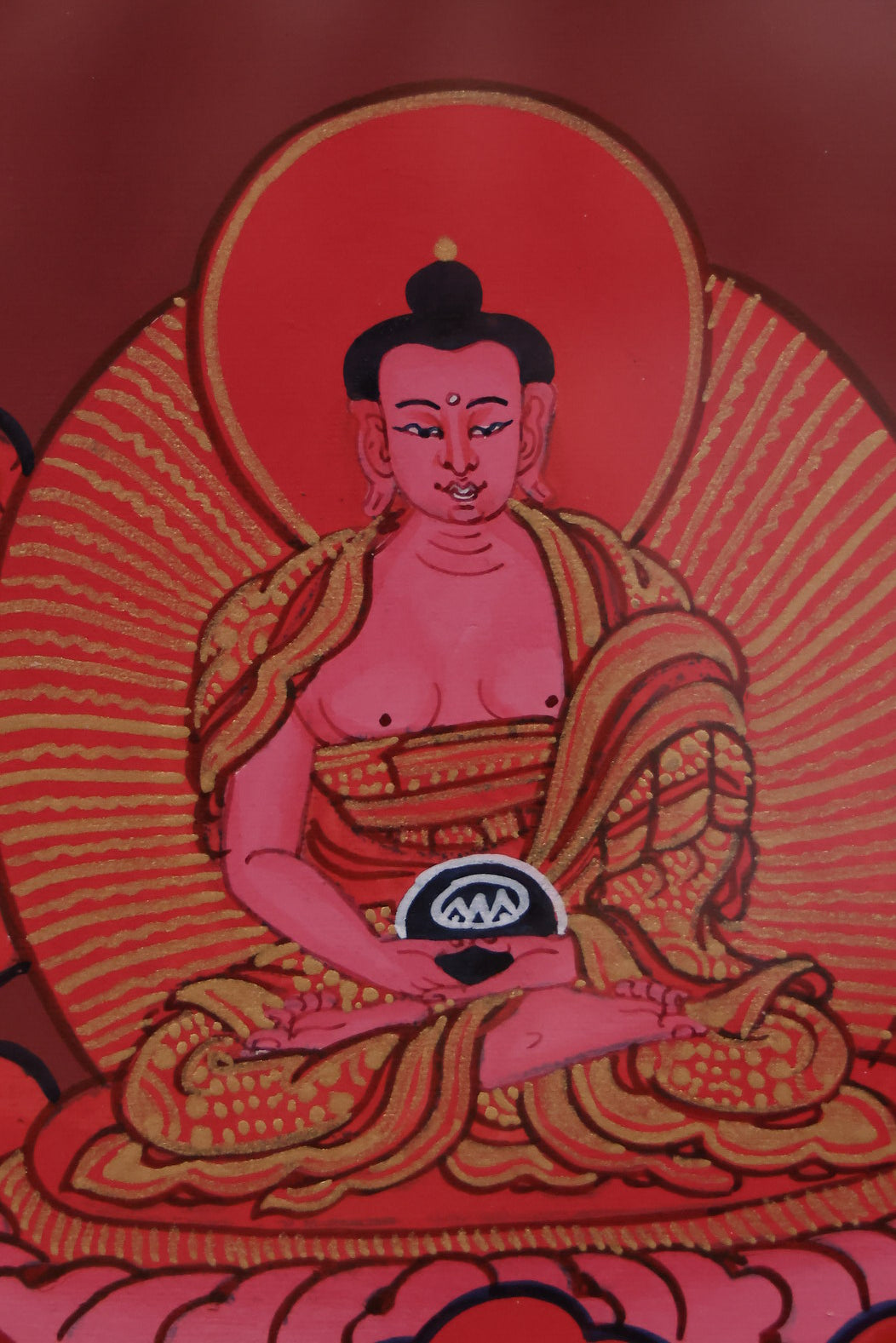 Red Shakyamuni Buddha as a hand-painted Tibetan art masterpiece, emphasizing detail and devotion.