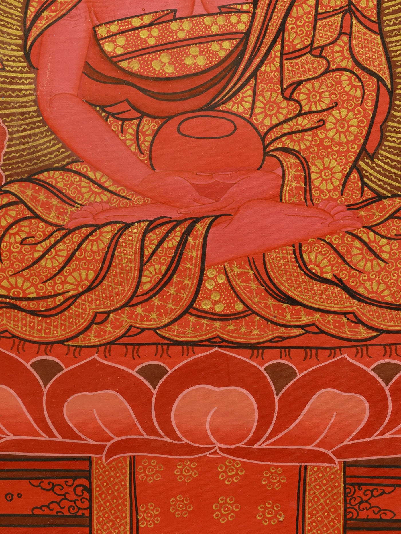 Amitabha Buddha seated on a lotus throne in red Thangka artwork.