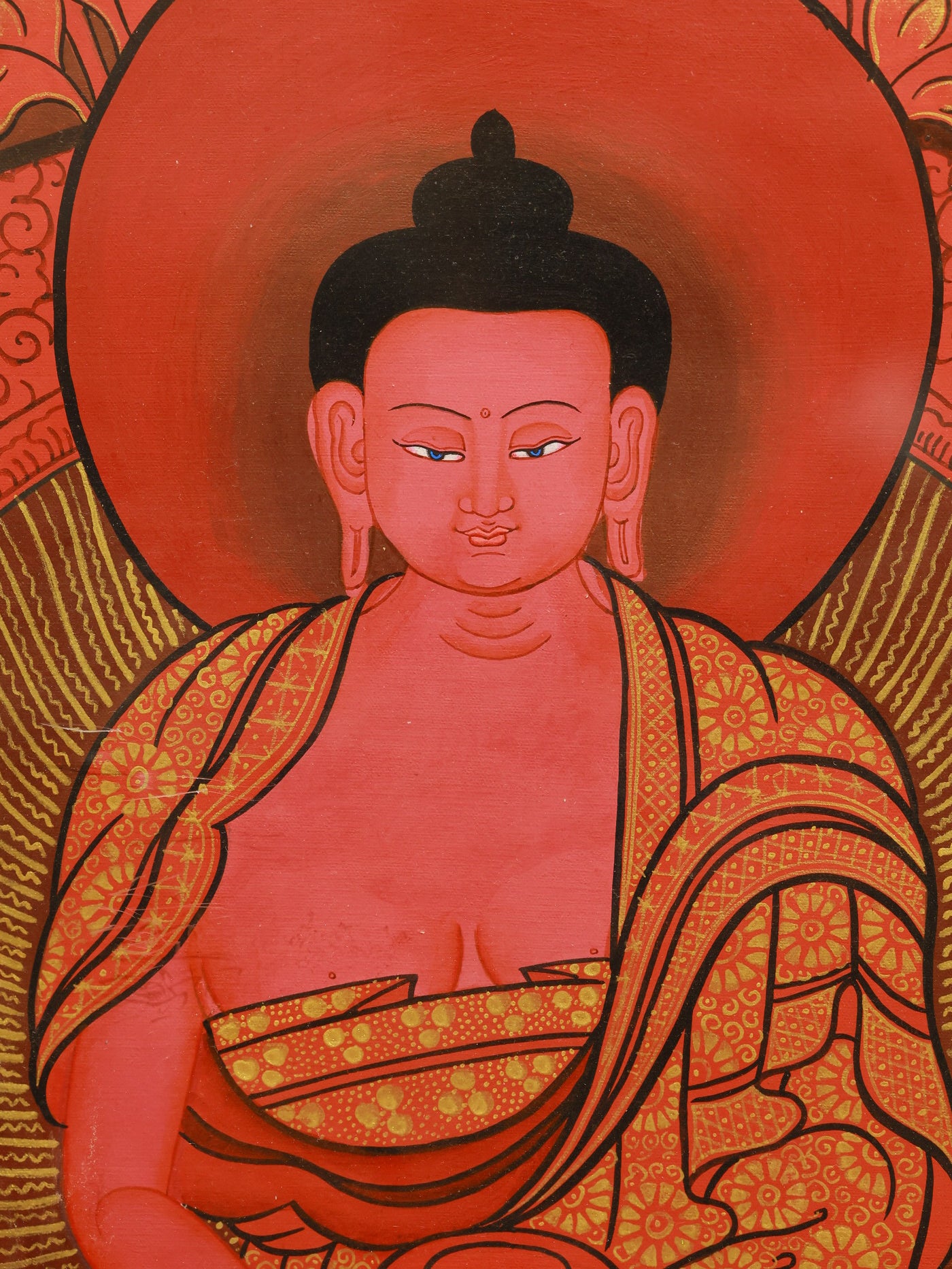 Red Thangka featuring Amitabha Buddha surrounded by sacred Tibetan Buddhist symbols.