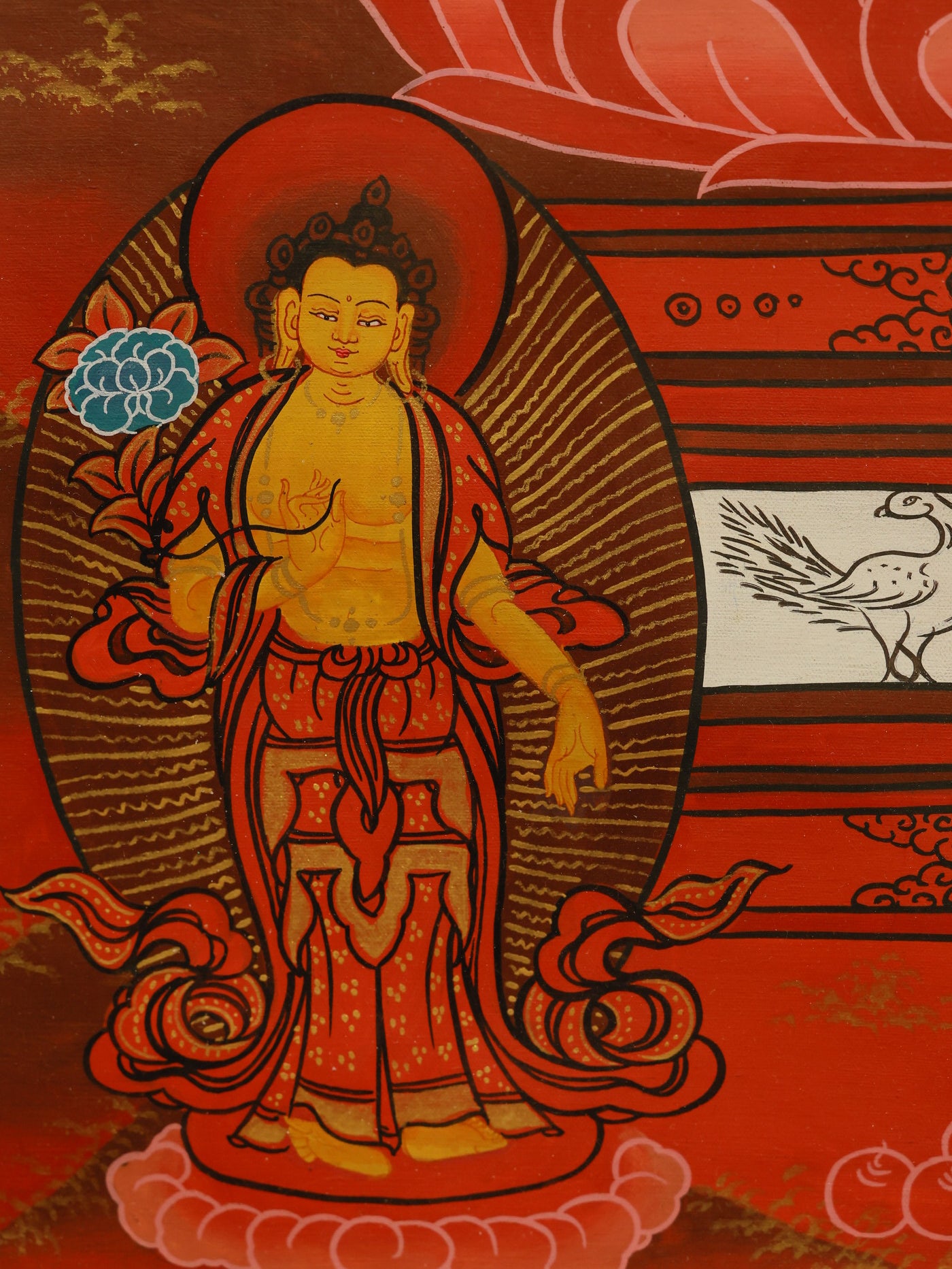 Traditional Tibetan-style red Thangka painting of Amitabha Buddha.