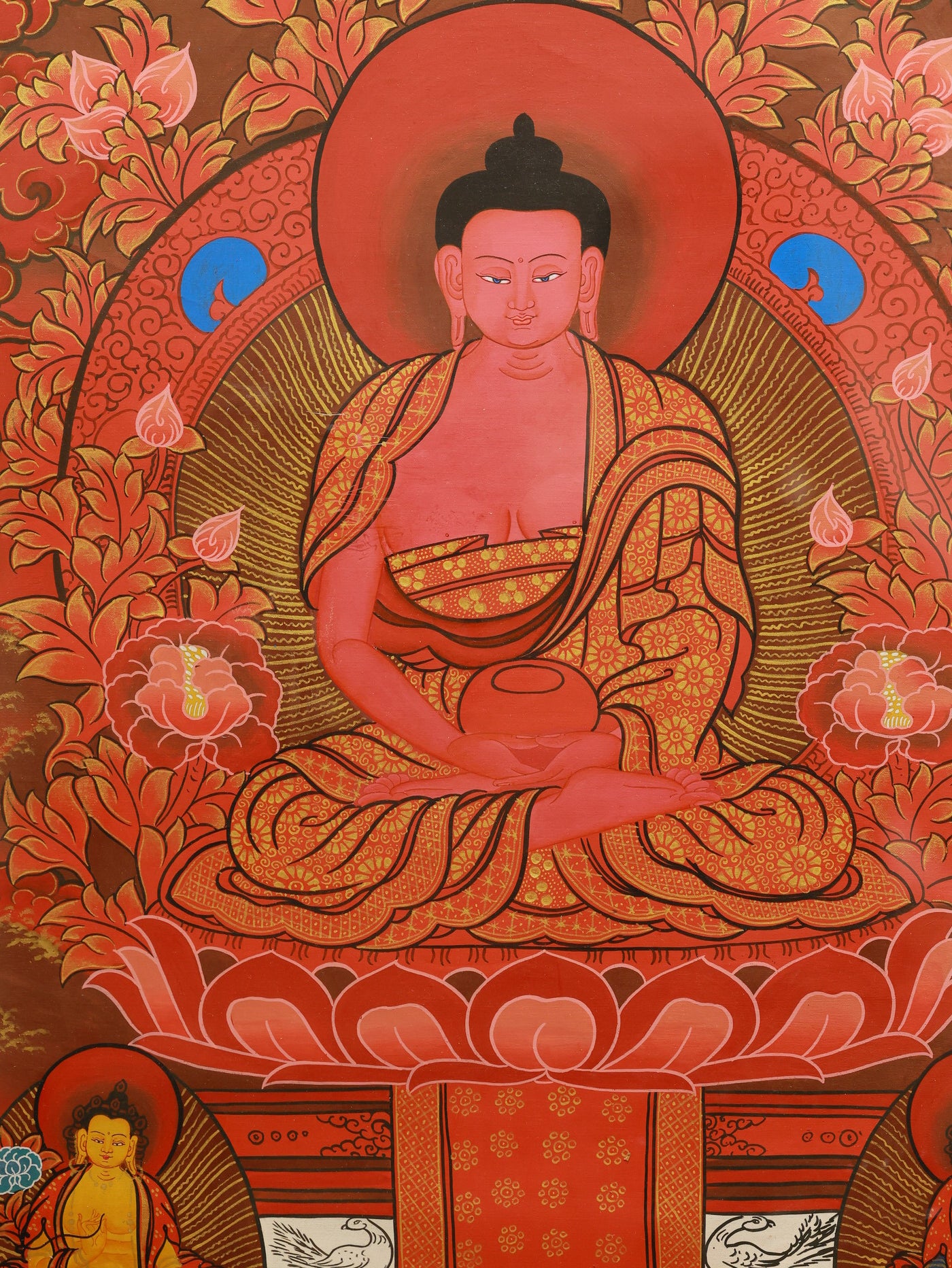 Red Thangka of Amitabha Buddha with a celestial Tibetan Buddhist background.