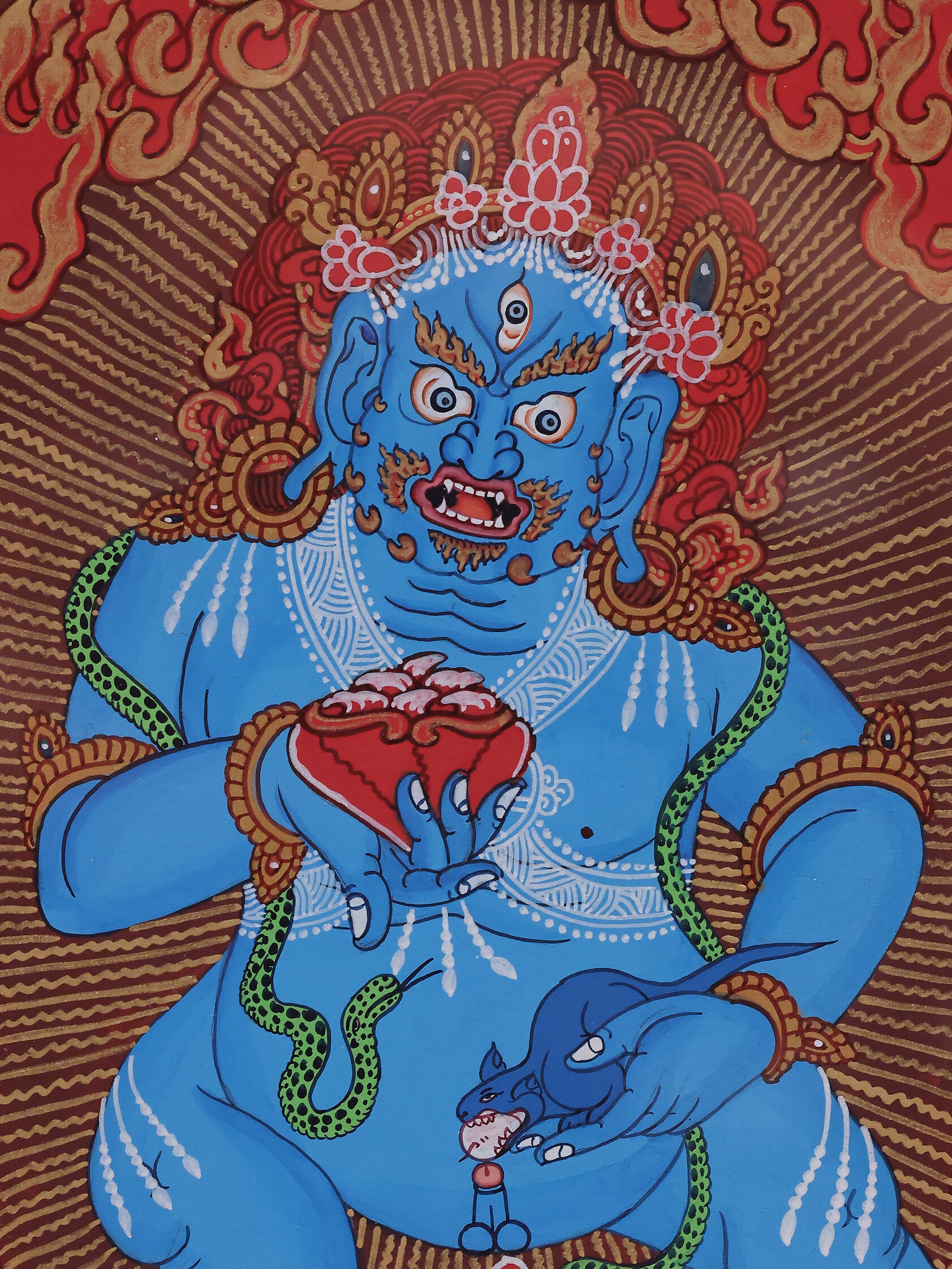 Tibetan Buddhist red thangka art portraying Black Jambhala, associated with prosperity, fortune, and compassionate giving