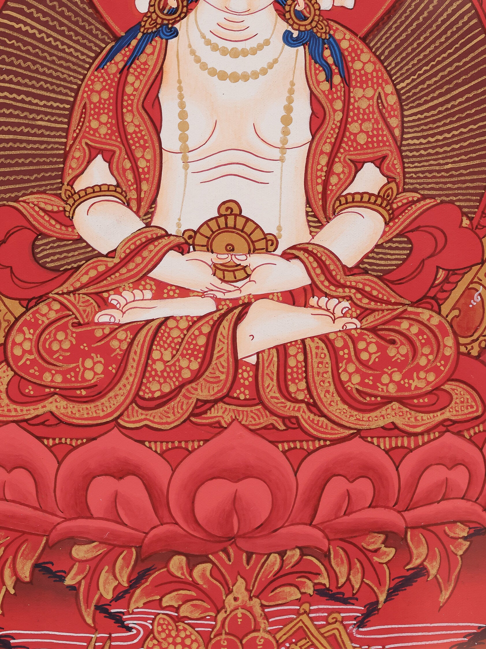 Traditional Tibetan red thangka featuring Mahavairocana Buddha, revered in esoteric and tantric Buddhist practice