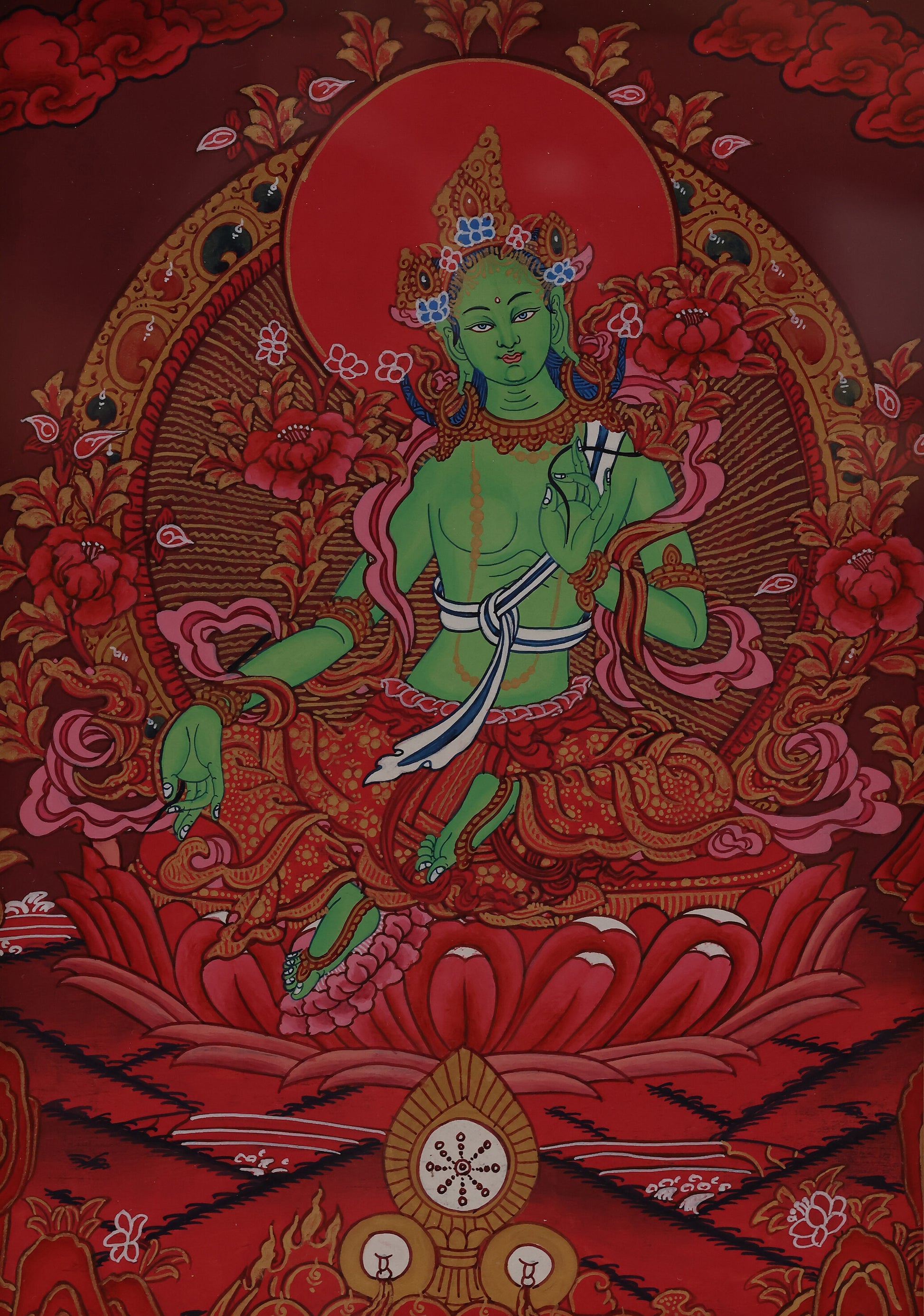 tibetan-buddhist-culture-red-thangka-green-tara-handpainted.jpg
Alt Text: “Hand-painted Red Thangka of Green Tara, Tibetan Buddhist sacred artwork, detailed traditional painting.”
