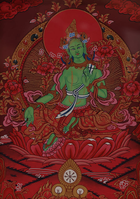 tibetan-buddhist-culture-red-thangka-green-tara-handpainted.jpg
Alt Text: “Hand-painted Red Thangka of Green Tara, Tibetan Buddhist sacred artwork, detailed traditional painting.”