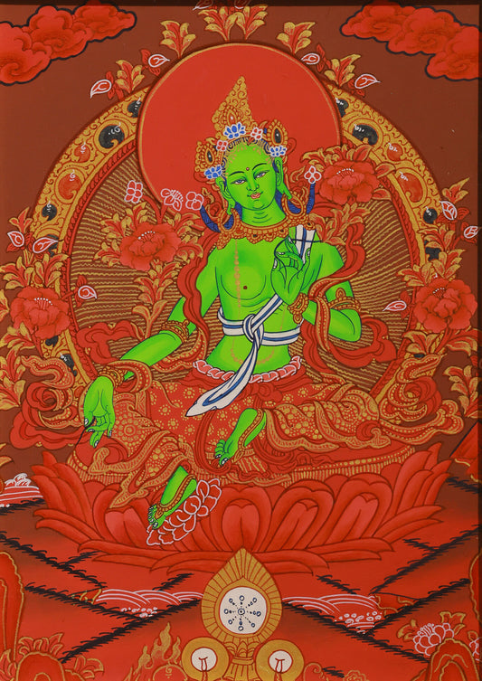 Red Thangka Green Tara Tibetan Buddhist art depicting the Goddess of Compassion and swift salvation