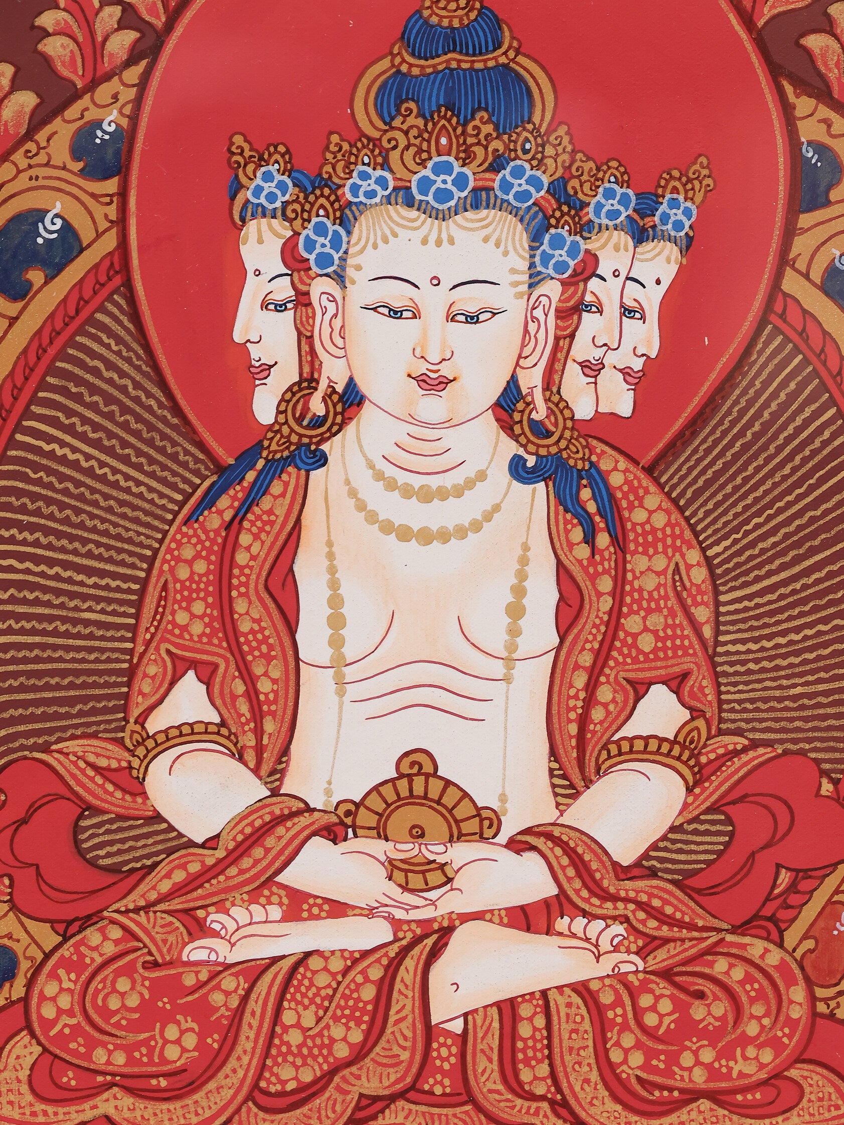 Red thangka of Vairocana as the Dharmakaya Buddha, symbolizing supreme wisdom and universal consciousness