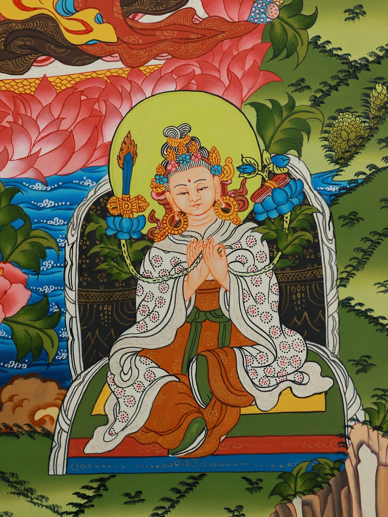 Tibetan thangka of Guru Rinpoche seated on a lotus seat, embodying compassion, protection, and enlightened awareness.