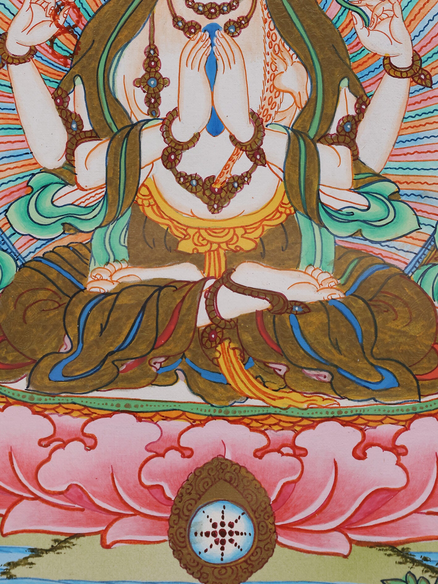 Detailed Tibetan thangka painting of Four-Armed Avalokiteshvara, used for meditation and devotional practice