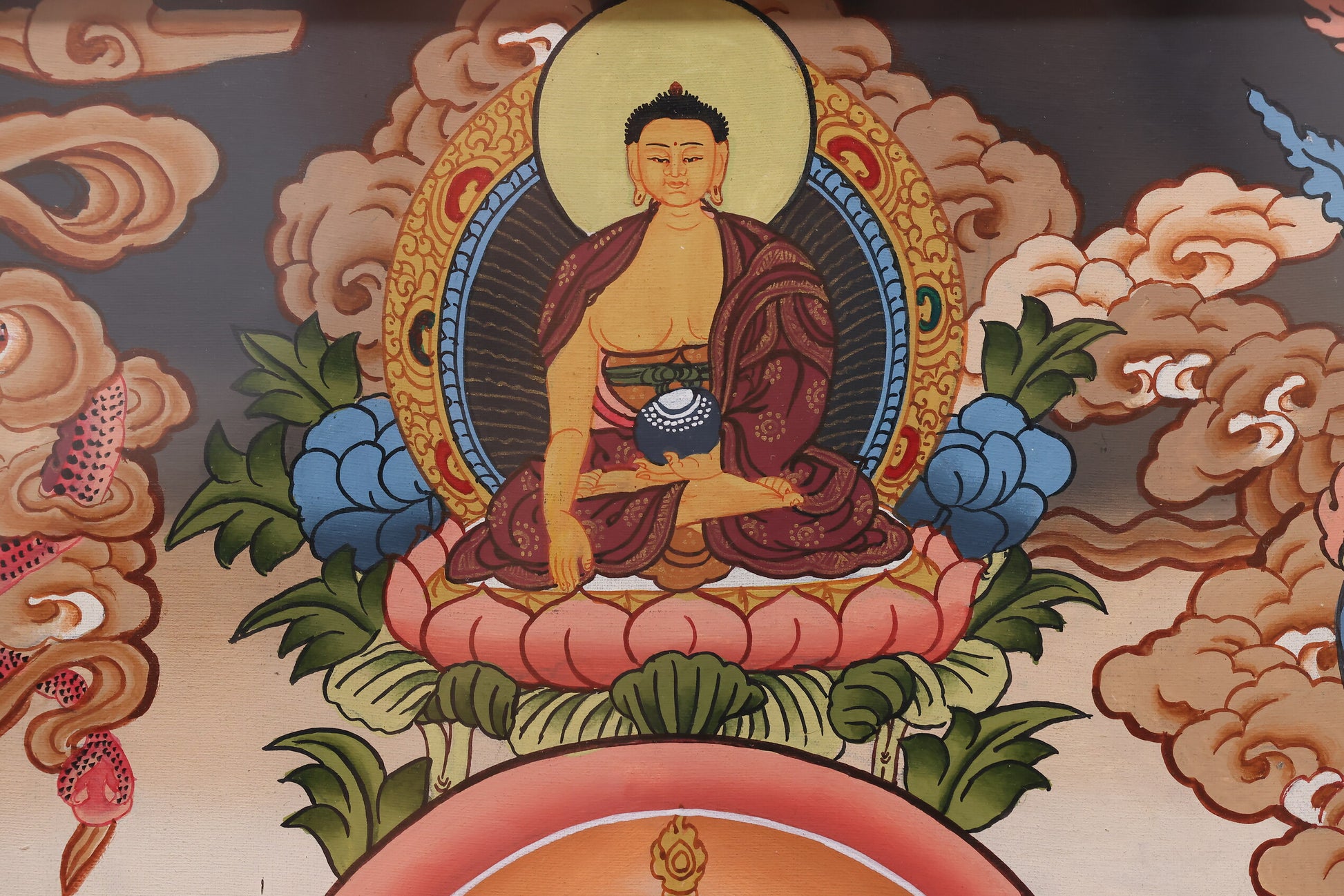 Mentang School hand-painted Longevity Buddha Thangka with intricate detailing and spiritual significance.