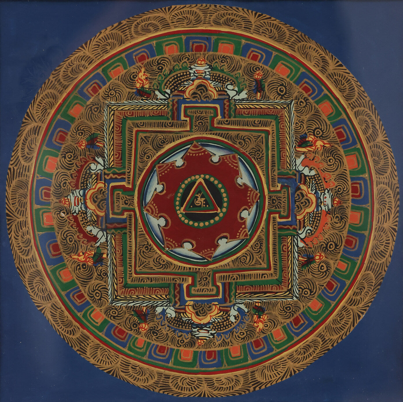 Seed syllable mandala thangka with deity imagery, a practice chart combining seed syllables with Buddha and Bodhisattva images.
