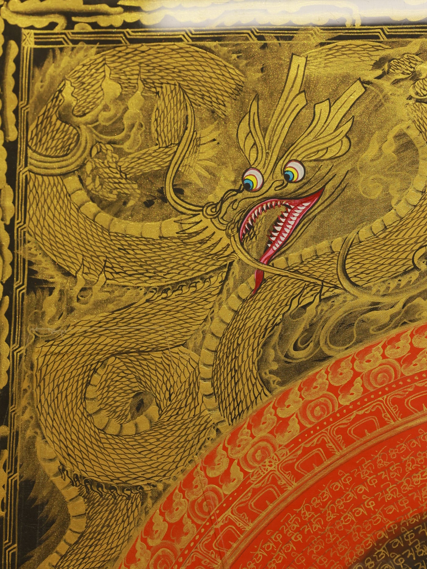 Alt text: “Sacred Tibetan Dragon Mandala Thangka depicting traditional spiritual motifs and mystical dragons.”