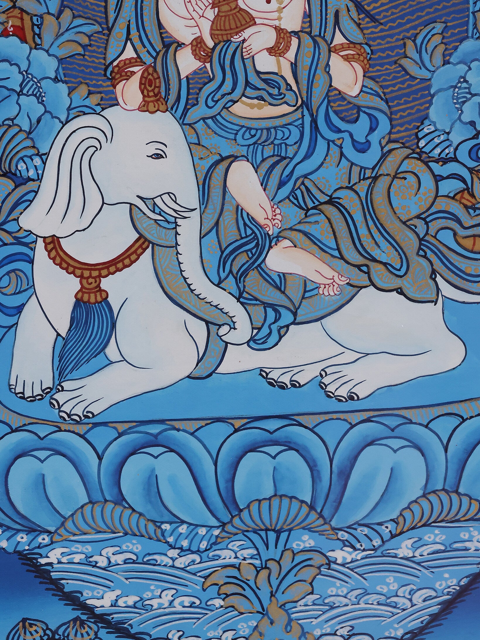 Samantabhadra on a blue thangka, showing the union of wisdom and compassion in Tibetan Buddhism.