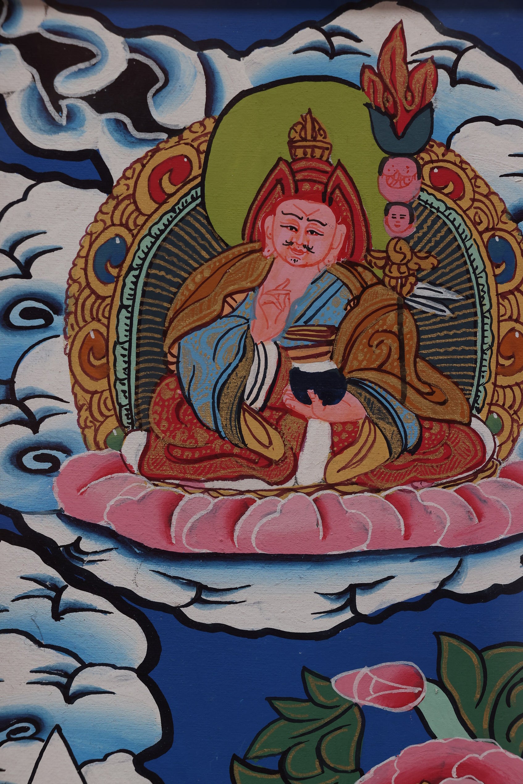 Samantabhadra Bodhisattva Thangka with depiction of the Four Abodes, traditional Tibetan Buddhist sacred composition.