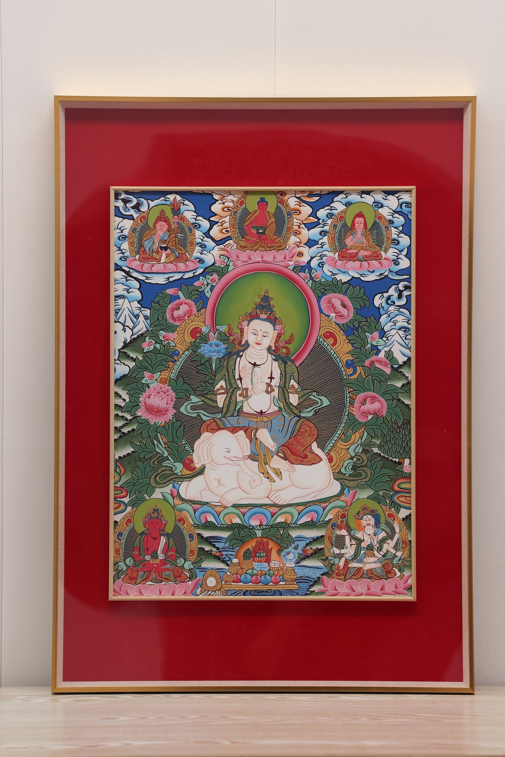 Samantabhadra Bodhisattva Thangka depicting the Ten Great Vows, with symbolic hand gestures and elaborate lotus base.