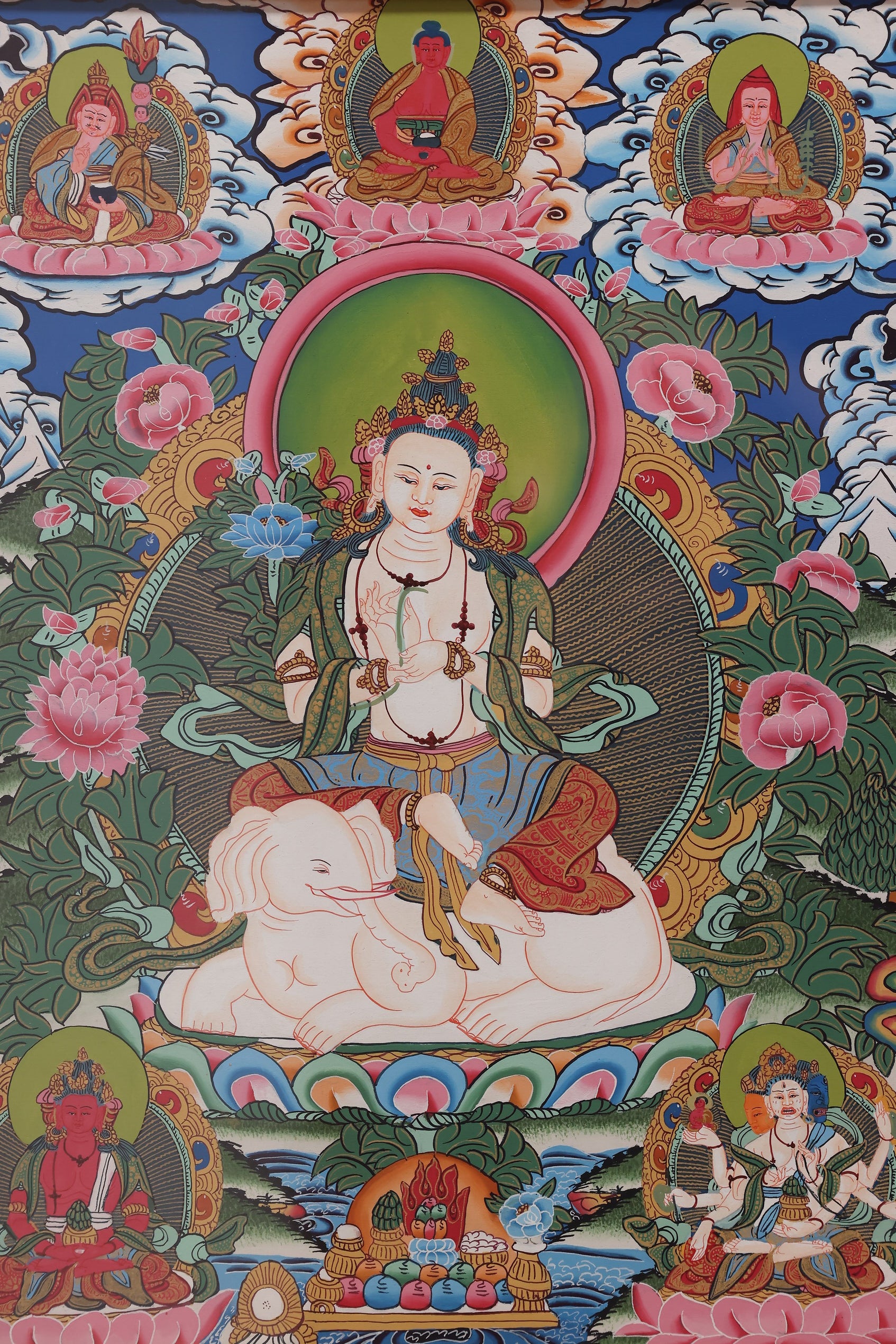 Hand-painted Samantabhadra Bodhisattva Thangka, featuring intricate traditional Tibetan iconography, vibrant colors, and detailed lotus throne.