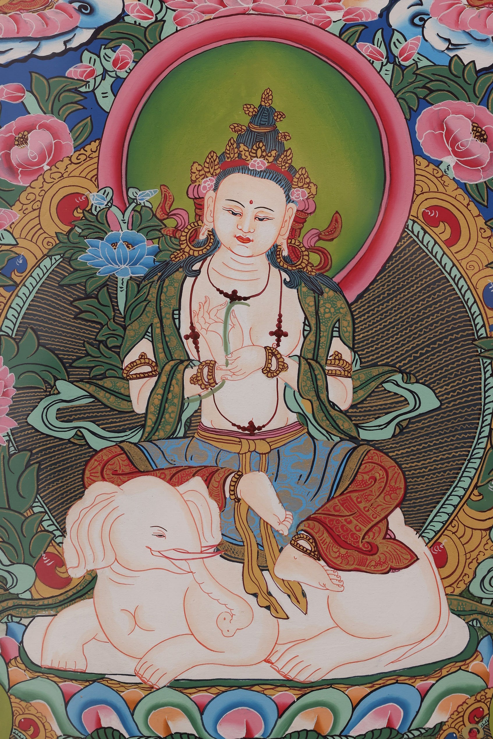 Samantabhadra Bodhisattva Thangka riding a white elephant, symbolizing wisdom, purity, and strength.