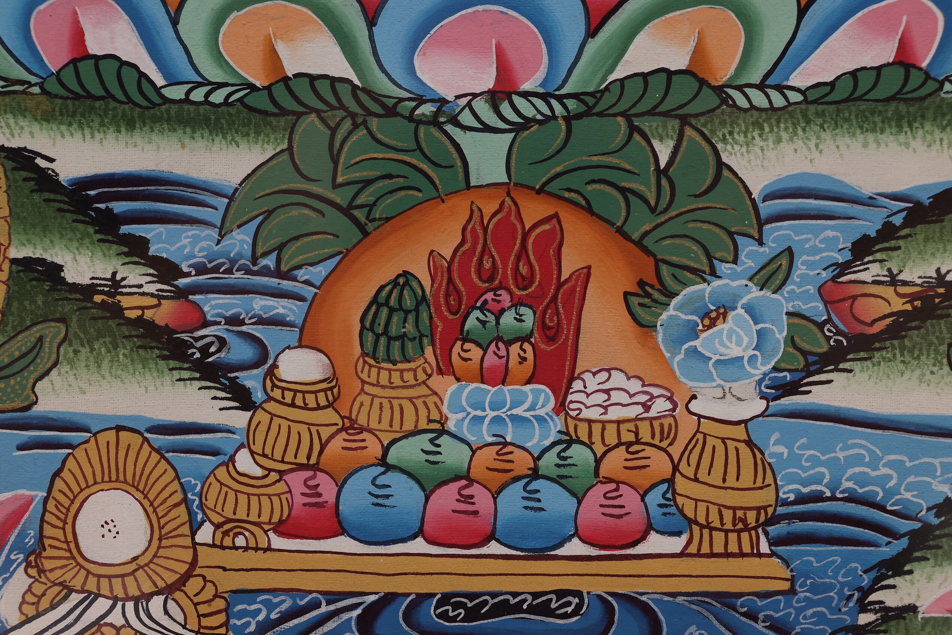 Samantabhadra Bodhisattva Thangka seated on a radiant lotus, showcasing Rebgong School’s vibrant colors and fine detailing.