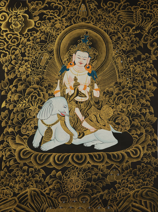 A traditional Tibetan Buddhist thangka depicting Samantabhadra Bodhisattva seated on a six-tusked white elephant, symbolizing the power of practice and vows.