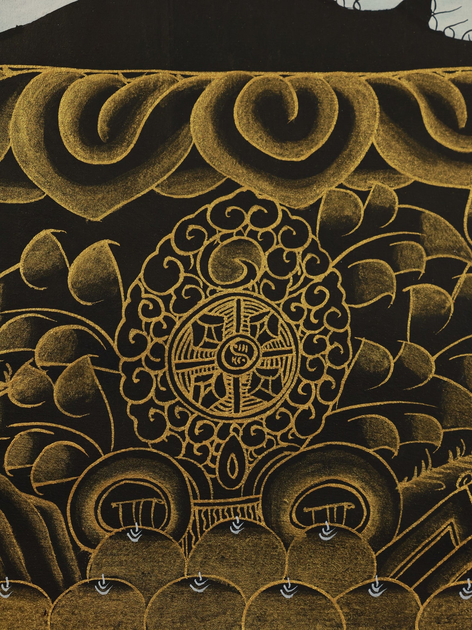 Serene thangka of Samantabhadra Bodhisattva against a dreamy background of clouds and moon, symbolizing transcendent wisdom and boundless practice.