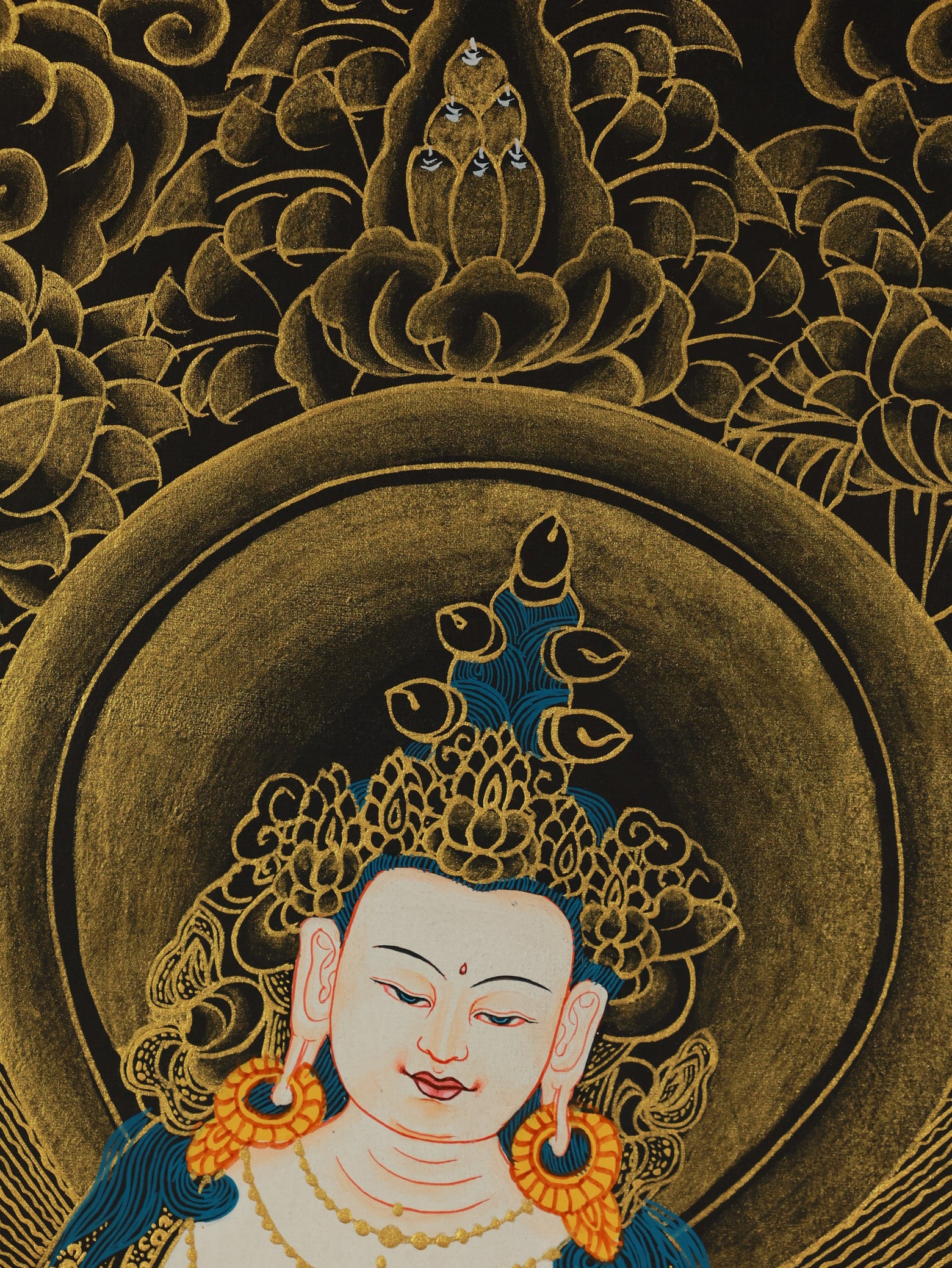 Gold-background thangka of Samantabhadra Bodhisattva on a lotus throne, radiating wisdom and compassion in Tibetan Buddhist art style.