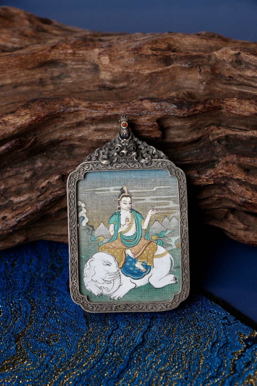 Tibetan thangka amulet featuring Samantabhadra Bodhisattva, representing spiritual practice, wisdom, and compassionate action.