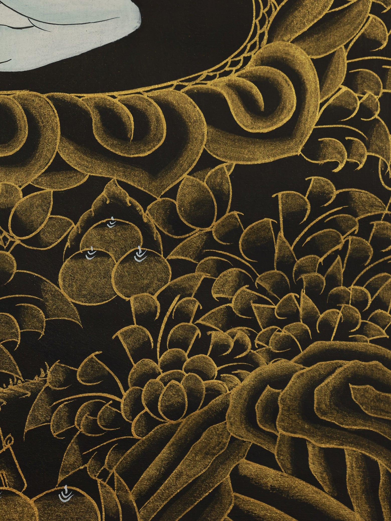 Serene thangka of Samantabhadra Bodhisattva against a dreamy background of clouds and moon, symbolizing transcendent wisdom and boundless practice.