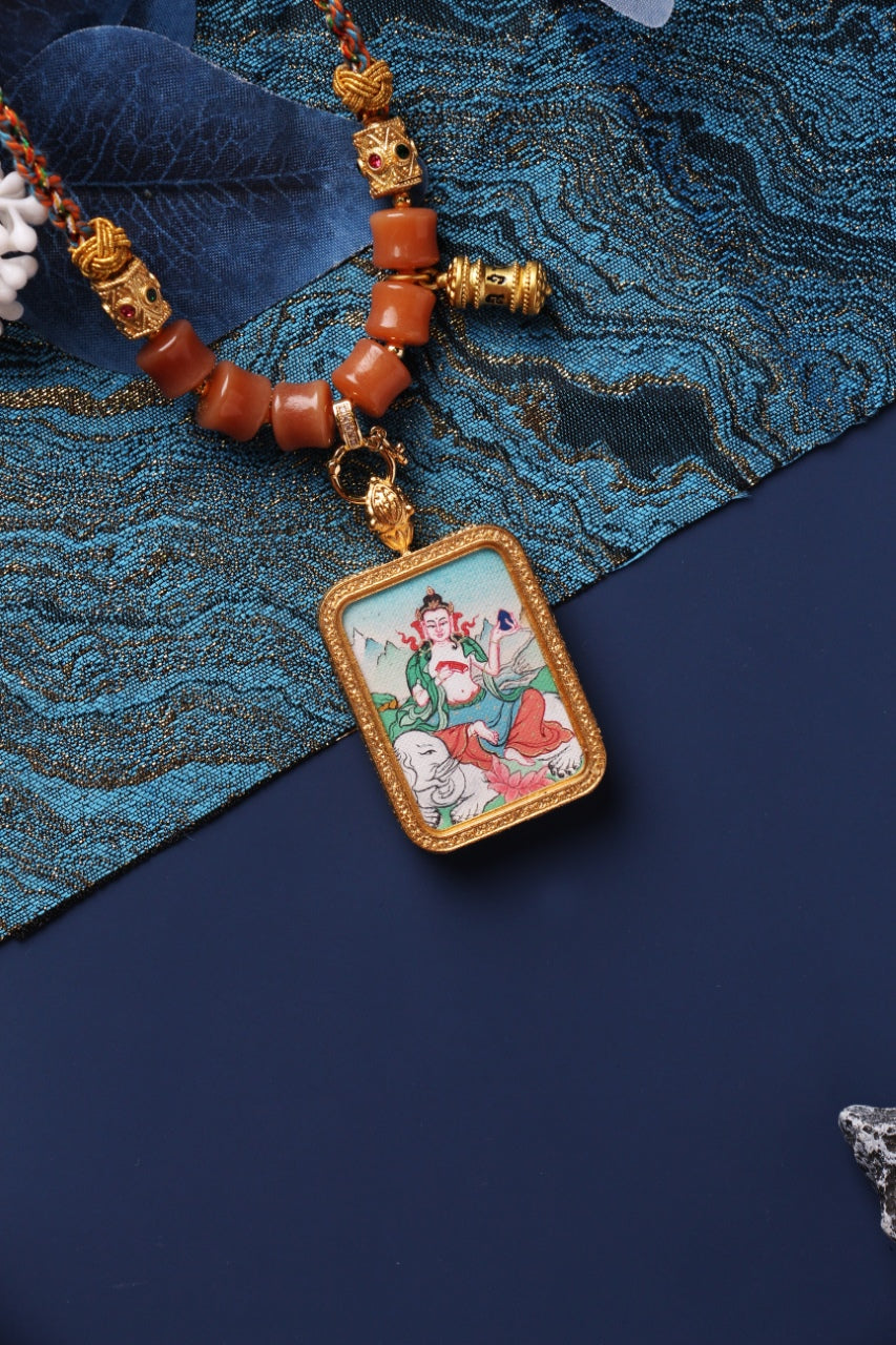 Close-up detail of the Karma Kagyu Samantabhadra Thangka painting showing intricate natural mineral pigment work and serene expression, showcasing the masterful artistry of Tibetan lineage painters