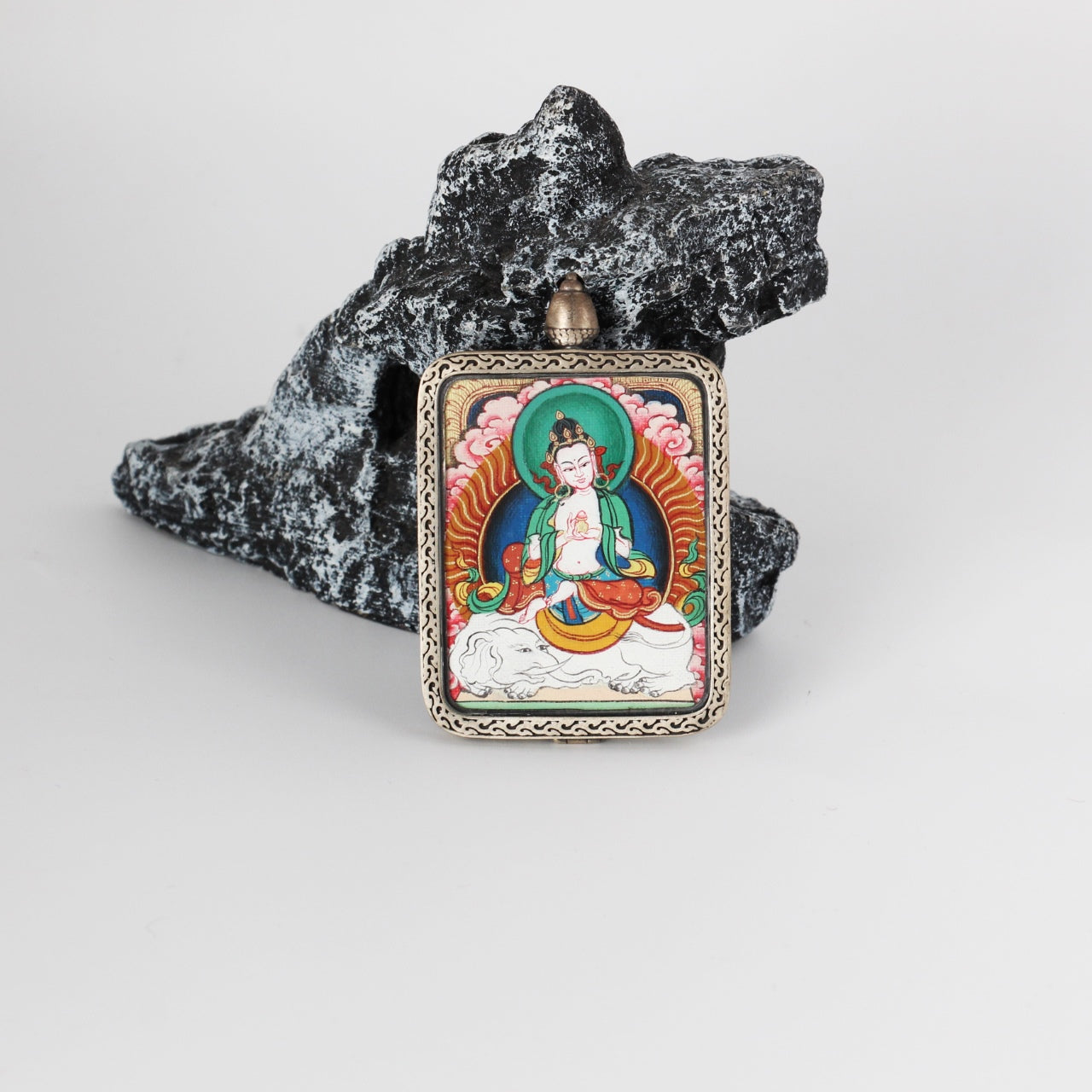  Close-up detail of the Karma Kagyu Samantabhadra Thangka painting showing intricate natural mineral pigment work, showcasing the masterful artistry of Tibetan lineage painters.

