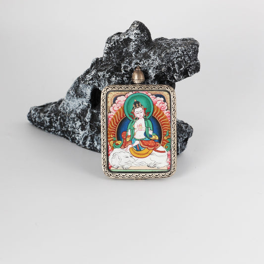  Close-up detail of the Karma Kagyu Samantabhadra Thangka painting showing intricate natural mineral pigment work, showcasing the masterful artistry of Tibetan lineage painters.

