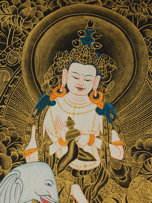 Detailed mandala thangka of Samantabhadra Bodhisattva illustrating his Ten Great Vows, central to Avatamsaka Sutra teachings, with intricate geometric patterns.