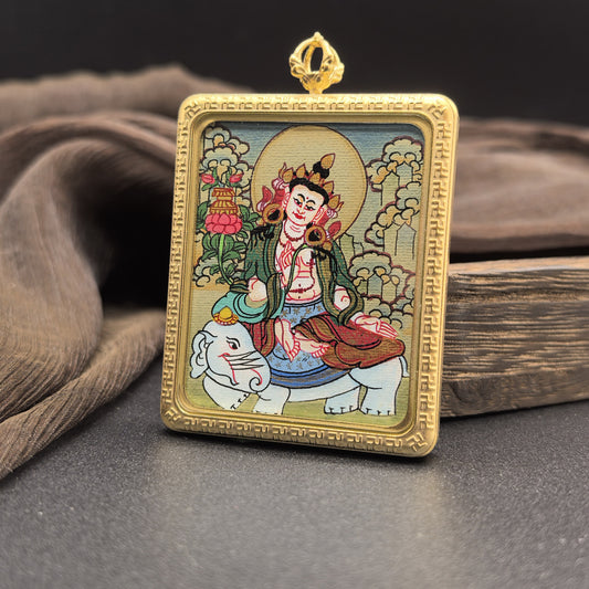  Hand-painted Nepal Samantabhadra (普贤菩萨) Thangka pendant 4x5cm with titanium casing featuring the Bodhisattva of Universal Virtue, representing virtue and the fulfilment of vows in Buddhist tradition.

