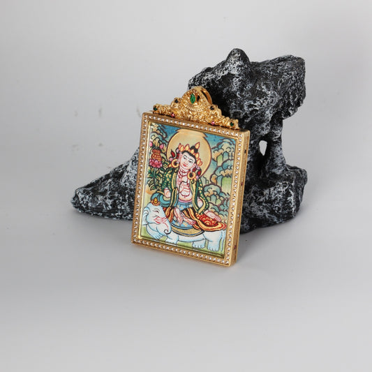 Hand-painted Nepal Elegant Samantabhadra Bodhisattva Thangka pendant featuring the Bodhisattva of Universal Virtue, encased in titanium steel, representing virtue in Tibetan Buddhist tradition.

