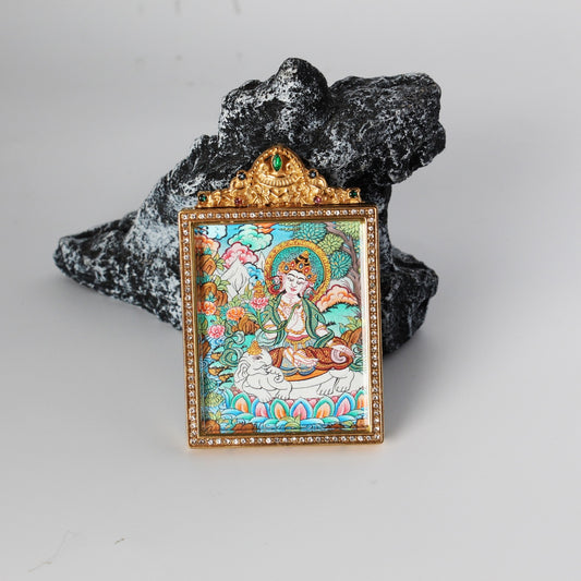  Hand-painted Nepal Premium Samantabhadra Bodhisattva Thangka pendant featuring the Bodhisattva of Great Practice, encased in titanium steel, representing virtue and truth in Tibetan Buddhist tradition.

