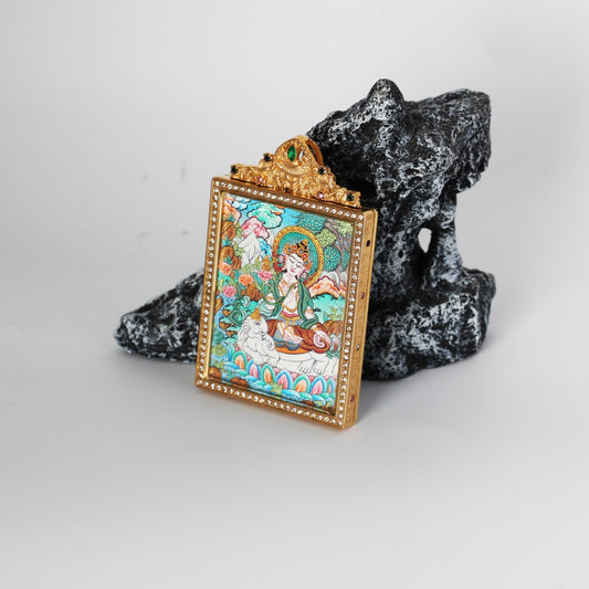  Close-up detail of the Nepal Premium Samantabhadra Thangka painting showing intricate natural mineral pigment work, showcasing the masterful artistry of Nepali lineage painters.
